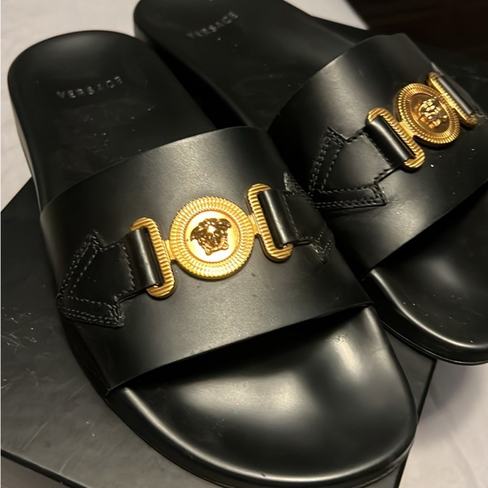 Versace Black Slide Sandals with Gold Medusa Emblem